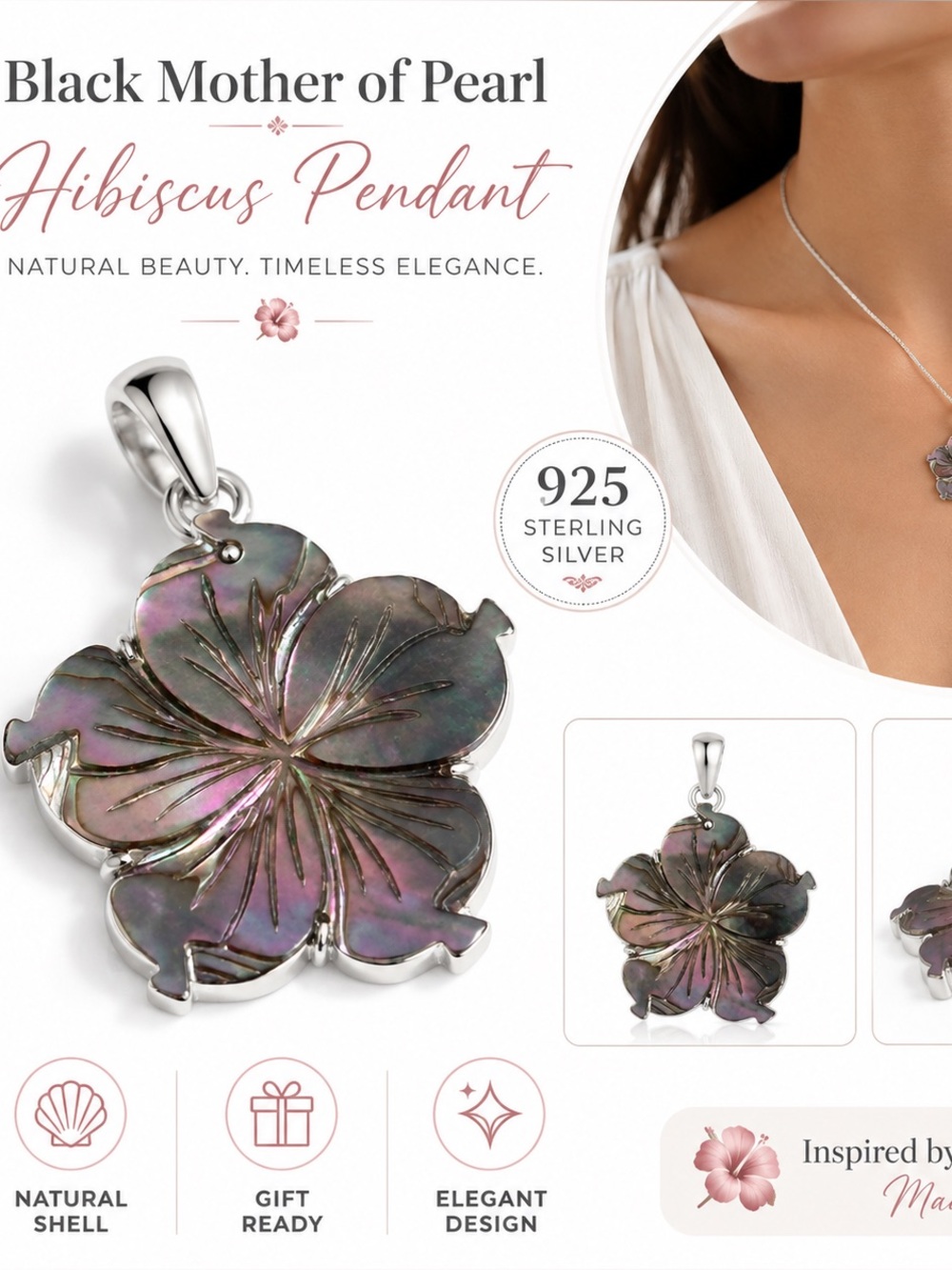 Black Mother of Pearl Hibiscus Pendant Necklace - 925 Sterling Silver